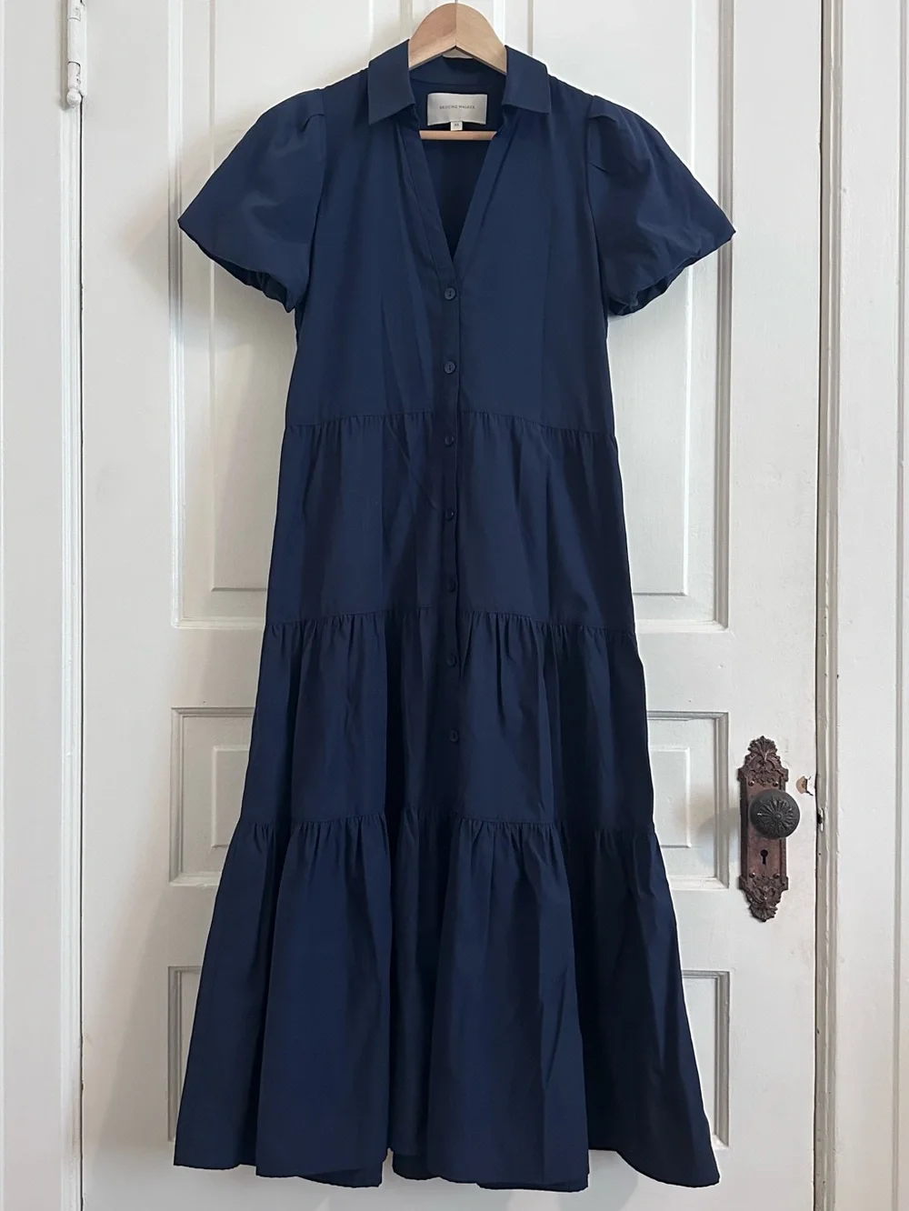 Brochu Walker Havana Dress in Navy Blue Midi Tiered Shirt Puff Sleeve Size XS